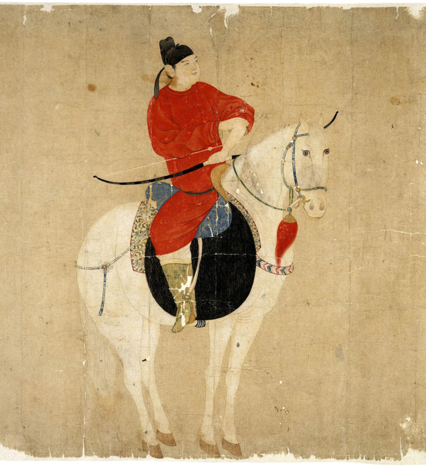 Qian Xuan, Young nobleman on horseback, a handscroll painting From China, 297 x 756 mm Yuan dynasty, dated the 27th year of Zhiyuan (AD 1290)