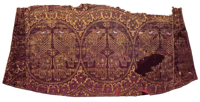 Byzantine silk with paired griffins in roundels, 11th century, Valère Basilica, Sion, Switzerland (photo: Wikimedia Commons, CC0)