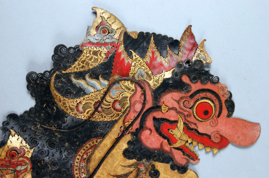 Shadow puppet, Kartasura style, c. 1800–1816, hide, horn and gold leaf, from Java, Indonesia, 90.3 cm high (© Trustees of the British Museum)