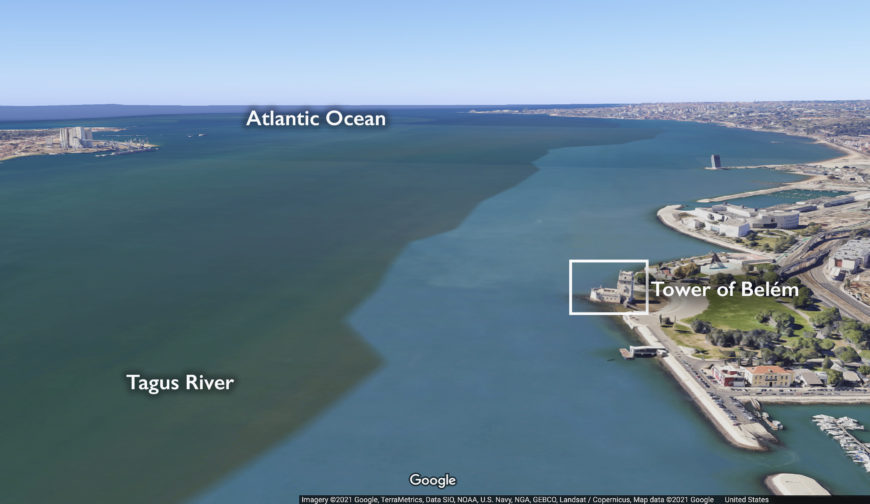 Map showing the Tagus River and the Tower of Belem (underlying mpa © Google)