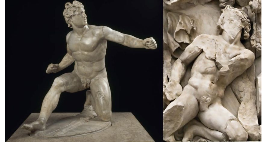 (Left) Wounded Gaul from the Lesser Attalid Dedication (Roman copy, ca. 3rd-2nd century BCE), Musée du Louvre  (Right) Detail of Zeus’ opponent, Pergamon Altar (ca. 197-139 BCE), Staatliche Museen, Berlin 