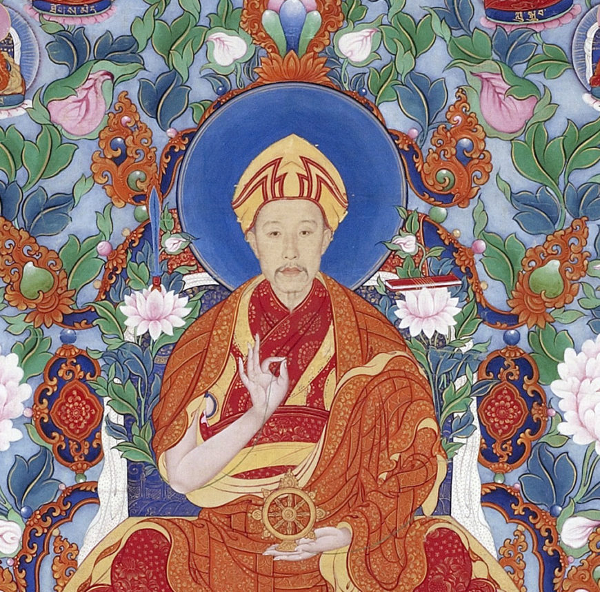 Emperor (detail), imperial workshop, with emperor's face by Giuseppe Castiglione, The Qianlong Emperor as Manjushri, the Bodhisattva of Wisdom, mid-18th century (Qing dynasty, Qianlong reign, China), ink, color, and gold on silk, 113.6 x 64.3 cm (Freer Gallery of Art, Smithsonian Institution, Washington, D.C.: Purchase—Charles Lang Freer Endowment and funds provided by an anonymous donor, F2000.4)