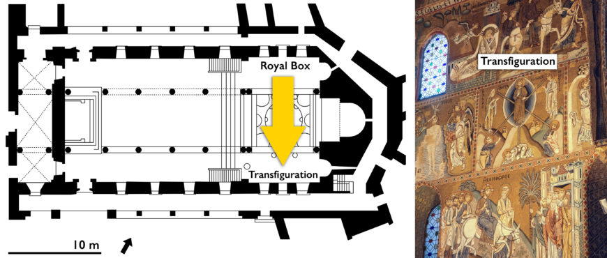 Left: Cappella Palatina plan; right: south wall of sanctuary, Cappella Palatina (photo: Ariel Fein, CC BY-NC-SA 2.0)