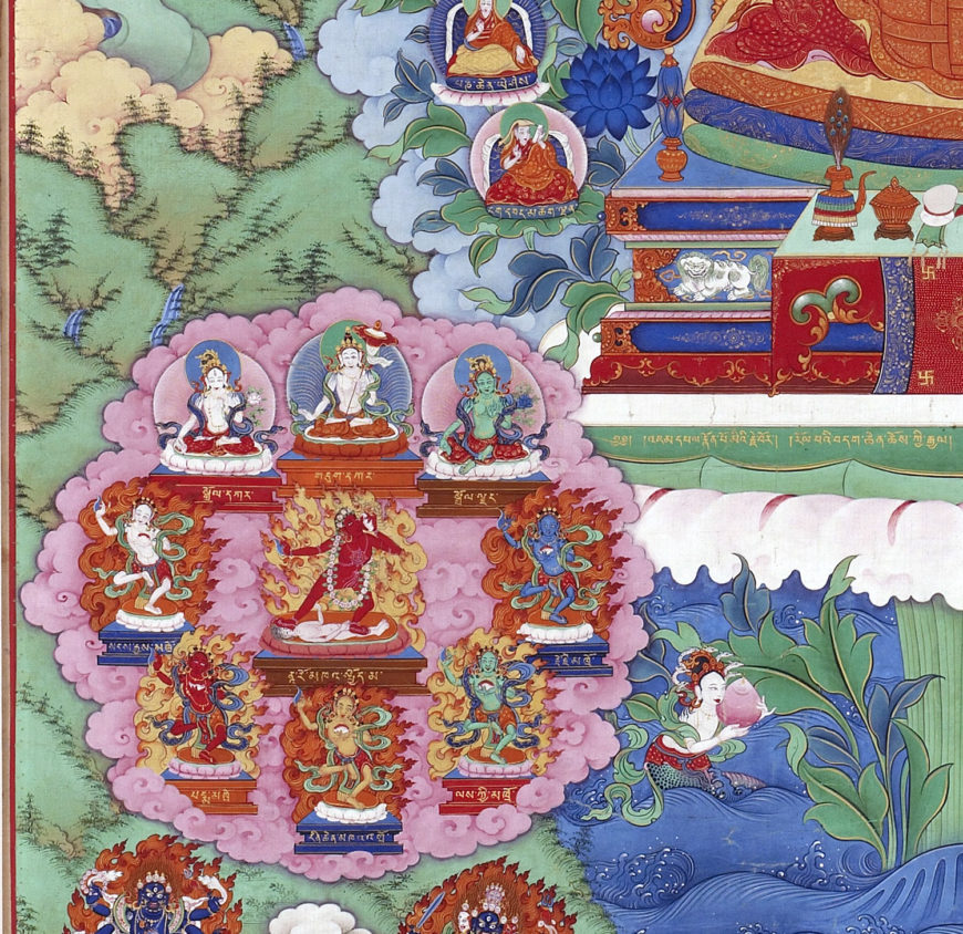 Buddhist figures (detail), imperial workshop, The Qianlong Emperor as Manjushri, the Bodhisattva of Wisdom, mid-18th century (Qing dynasty, Qianlong reign, China), ink, color, and gold on silk, 113.6 x 64.3 cm (Freer Gallery of Art, Smithsonian Institution, Washington, D.C.: Purchase—Charles Lang Freer Endowment and funds provided by an anonymous donor, F2000.4)