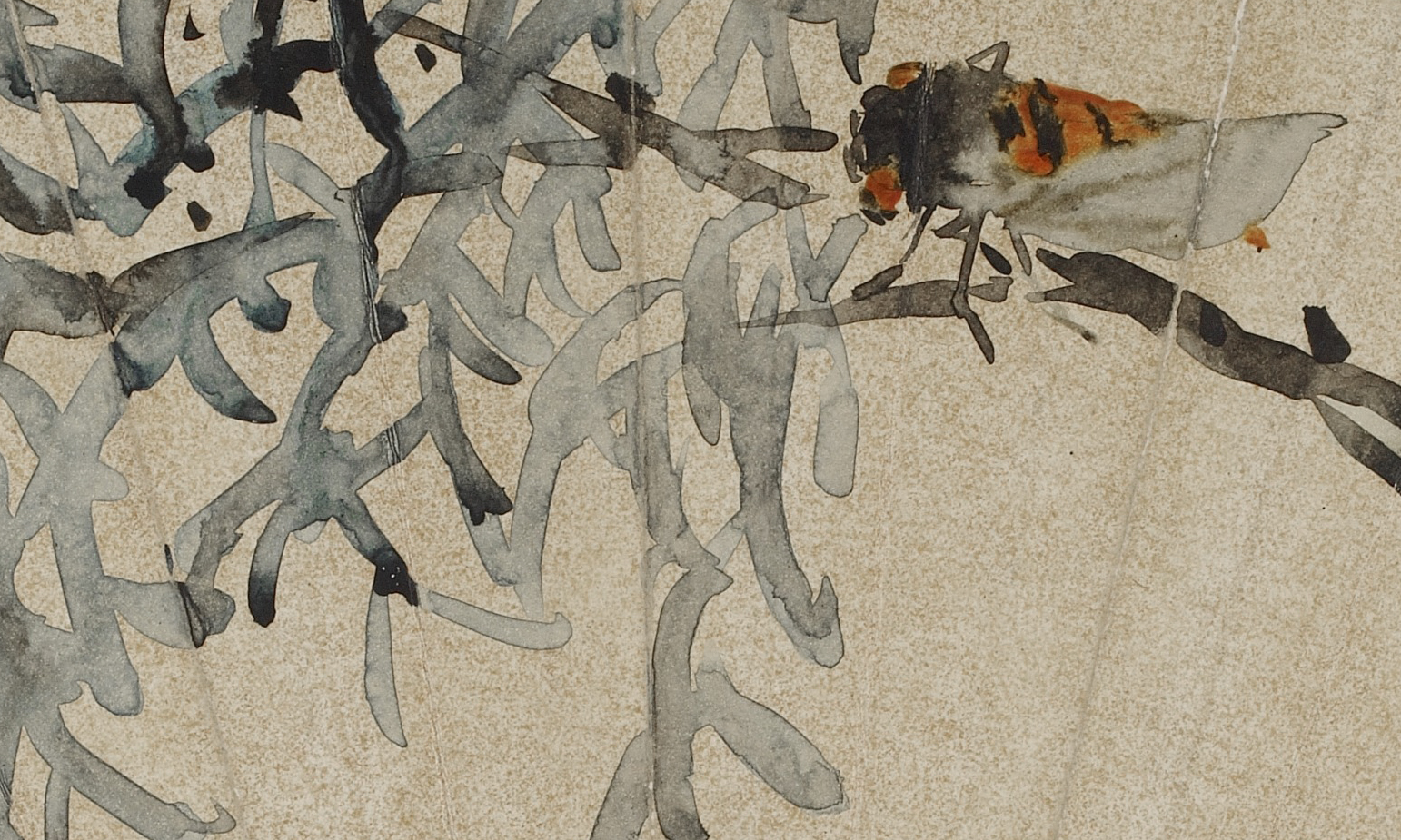 Wang Zhen, Cicada on tree branch, Modern period, 1919, fan mounted as album leaf; ink on gold-flecked paper, China, 23.1 x 51 cm (National Museum of Asian Art, Smithsonian Institution, Washington, D.C.)