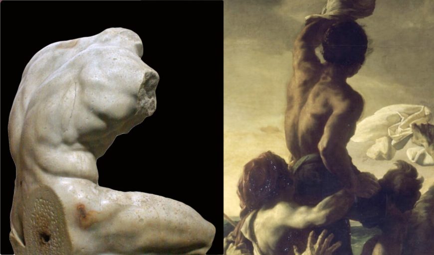 Left: Apollonios, Belvedere Torso, a copy from the 1st century B.C.E. or C.E. of an earlier sculpture from the first half of the 2nd century B.C., marble, 159 cm (Museo Pio-Clementino, Vatican Museums); right: detail, Théodore Géricault, Raft of the Medusa, 1818–19, oil on canvas, 4.91 x 7.16m (Musée du Louvre, Paris)