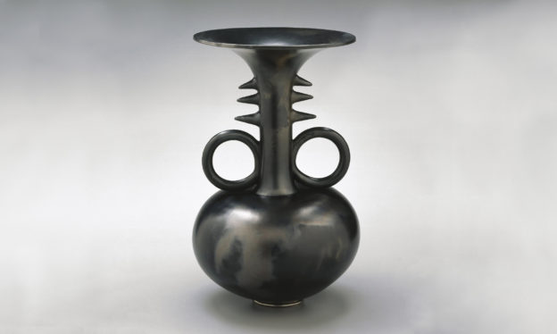 Magdalene Anyango N. Odundo, Symmetrical Reduced Black Narrow-Necked Tall Piece, 1990, terracotta, 40.6 x 25.4 x 25.4 cm (Brooklyn Museum)