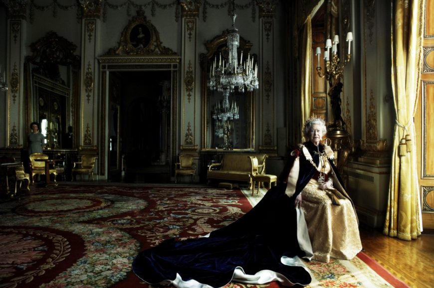 Annie Leibovitz, HM Queen Elizabeth II (b.1926) Wearing Garter Robes, Buckingham Palace, March 28, 2007, 2007. C-print. 31.6 x 48 cm. (Royal Collection Trust)