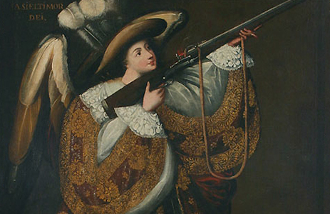 Master of Calamarca (detail), Archangel with Gun, Asiel Timor Dei, before 1728, oil on canvas and gilding, 160 x 110 cm (Museo Nacional de Arte, La Paz, Bolivia)