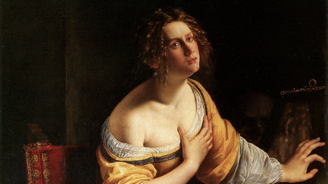 Artemisia Gentileschi, Conversion of the Magdalene, c.1616, oil on canvas, 146.5 × 108 cm (57 9/16 × 42 1/2 in), (Palazzo Pitti, Uffizi, Florence)