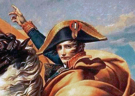 Napoleon (detail), Jacques-Louis David, Napoleon Crossing the Alps or Bonaparte at the St Bernard Pass, 1800-1, oil on canvas, 261 x 221 cm (Chateau de Malmaison, Rueil-Malmaison, photo: Pav.Polish, public domain)