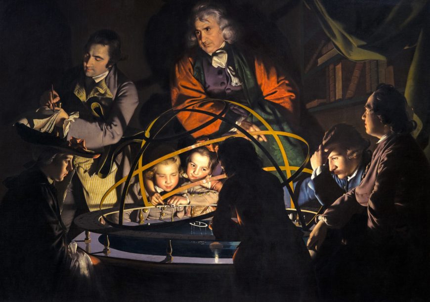 In this painting we see an orrery—a mechanical model of the solar system. In the center is a gas light which represents the sun and the arcs represent the orbits of the planets. With paintings like these, Wright invented a new subject: scenes of experiments and new machinery. Joseph Wright of Derby, A Philosopher Giving a Lecture at the Orrery, c. 1766, oil on canvas, 147.2 x 203.2 cm (Derby Museum and Art Gallery)