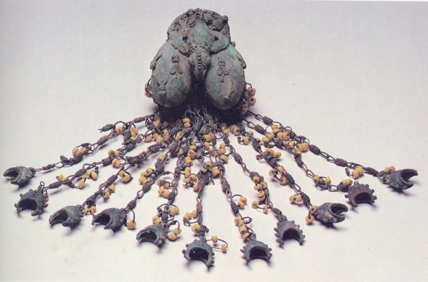 Double Egg Pendant from Igbo-Ukwu, Nigeria, c. 9th–11th century C.E., leaded bronze, 8-1/2 inches (National Museum, Lagos, Nigeria)