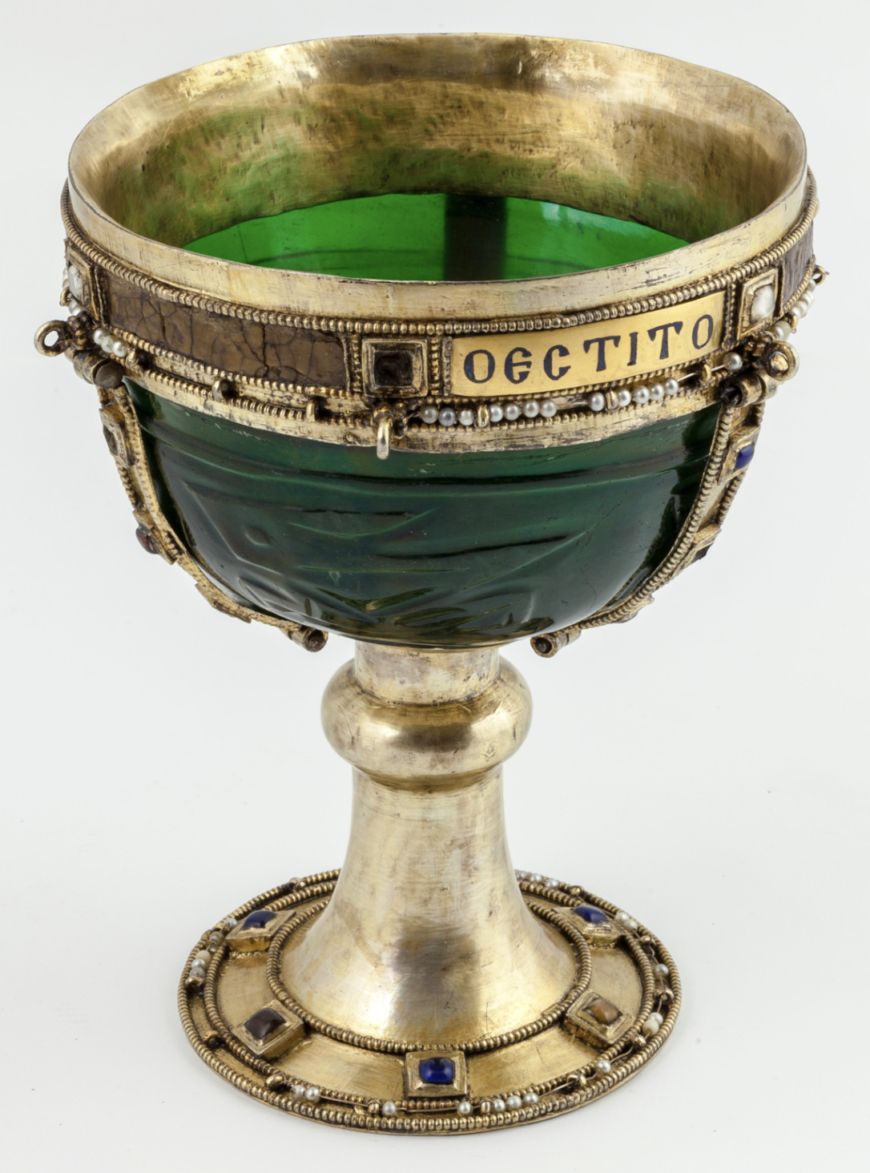 Chalice with hares, Byzantine, 11th century (?) (with glass bowl probably from 9th–10th century Iran or 10th–11th century Egypt), glass, silver gilt, enamel, stones, pearls (photo © Regione del Veneto)