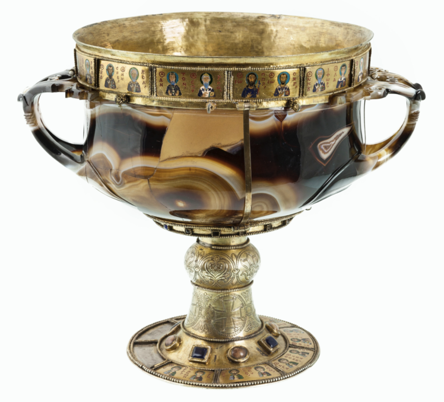 Chalice of Emperor Romanos (with handles), Byzantine, 10th century (with antique sardonyx bowl), sardonyx, silver gilt, gold cloisonné enamel, stones, 25 cm high (photo © Regione del Veneto)