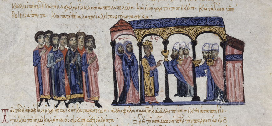 Emperor Leo VI leads Arab diplomats into Hagia Sophia to show them church objects, in the Madrid Skylitzes, between 1126 and 1150? (Biblioteca Nacional de España, Vitro. 26-2, fol. 114v)