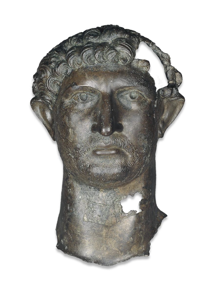 Bronze head from a statue of the Emperor Hadrian, 2nd century C.E., bronze, 43 cm high, Roman Britain © Trustees of the British Museum