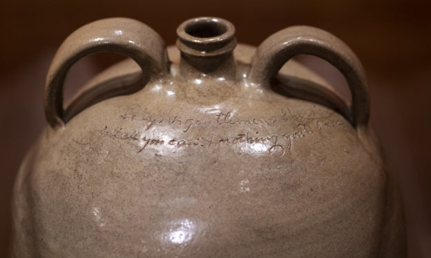 Poem detail, David Drake, Doubled-handled Jug (Lewis J. Miles Factory, Horse Creek Valley, Edgefield District, South Carolina), 1840, stoneware with alkaline glaze, 44.13 x 35.24 cm (Virginia Museum of Fine Arts)