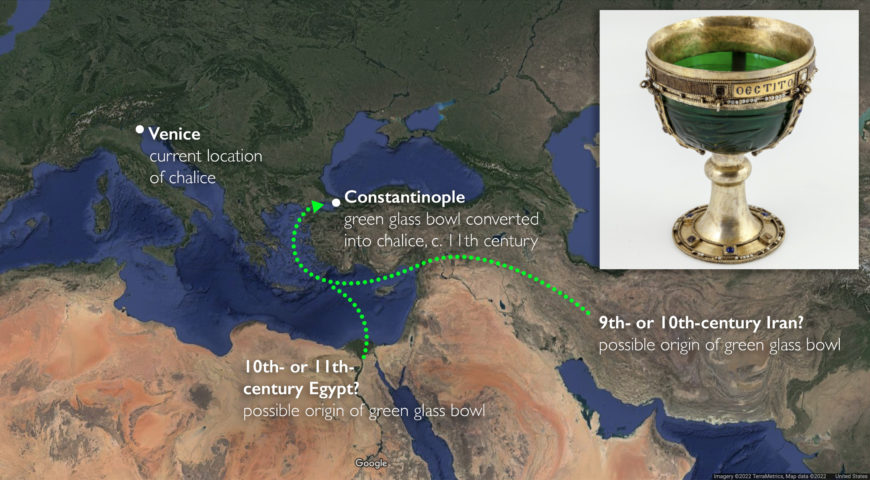 Locations and possible origins of the green glass bowl (underlying map © Google)