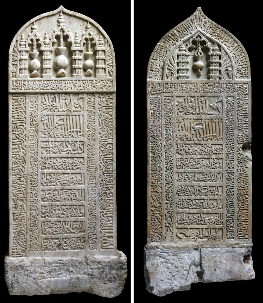 Two gravestones, made on June 8, 1311 for the omb of Nur al-Din Ibrahim, governor of Dhofar, in Oman, carved marble, found in Dhofar, Oman, made in Khambhat, Gujarat, India. Left: headstone, 108.3 x 46.2 cm (Victoria & Albert Museum); right: footstone, 127 x 48 cm (Victoria & Albert Museum)