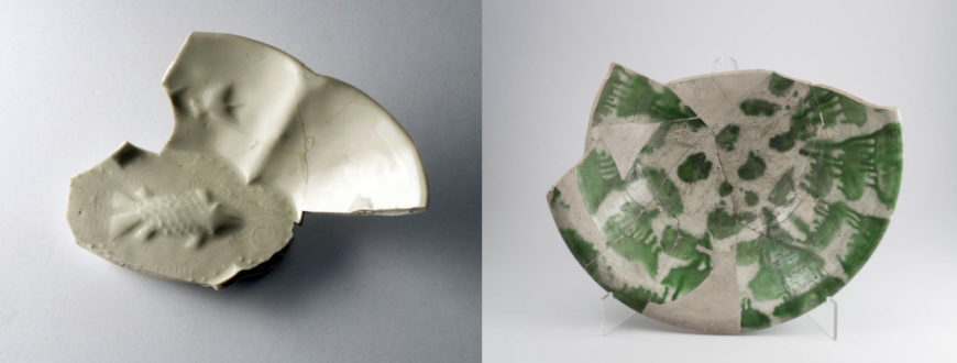 Left: Fragment of a porcelain, 9th century, Tang Dynasty, from China, found at Samarra, Iraq, 3.7 x 12.8 cm (Museum für Islamische Kunst der Staatlichen Museen zu Berlin); right: Fragment of a porcelain, 8th–9th century, Tang Dynasty, from China, found at Samarra, Iraq, 10 x 34.5 cm (Museum für Islamische Kunst der Staatlichen Museen zu Berlin)