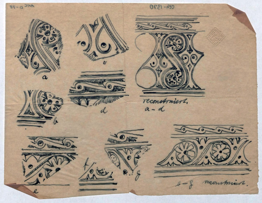 Excavation of Samarra (Iraq): fragments from a carved stucco border element and frieze found near mihrab in the Congregational Mosque of Mutawakkil at Samarra, with reconstructions, Iraq, Salah al-Din, Samarra, Congregational Mosque of Mutawakkil at Samarra (The Metropolitan Museum of Art)