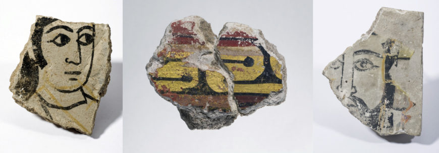 Painting fragment, c. 836–92, Samarra. Left: 12 x 9.5 cm; center: 5.5 x 6.7 cm; right: 14.3 x 11.3 cm (Museum für Islamische Kunst der Staatlichen Museen zu Berlin)