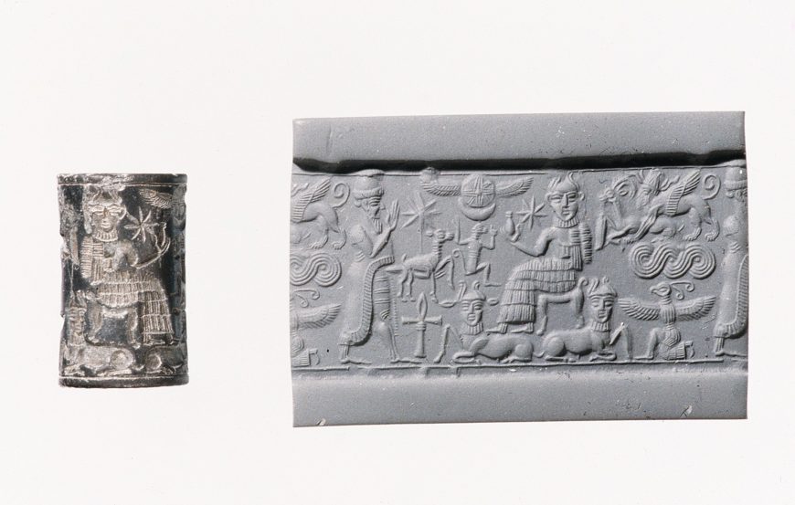 Cylinder Seal (with modern impression), royal worshipper before a god on a throne with bull’s legs; human-headed bulls below, c. 1820–1730 B.C.E., hematite, 2 cm tall (The Metropolitan Museum of Art, New York)