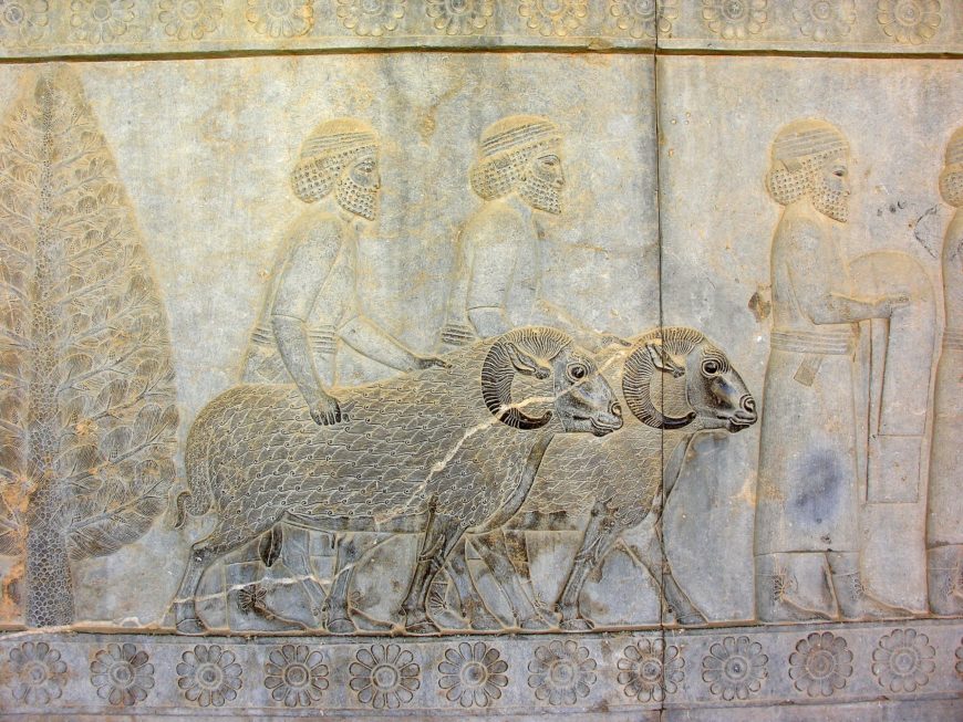 Assyrians with Rams bringing tribute to the Persian king, relief from Apādana, Persepolis (Fars, Iran), c. 520–465 B.C.E. (photo: Simisa, CC BY-SA 3.0)