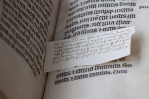 Tiny slip of parchment, likely made from scrap material, inserted to add notes to the text, Schedula, Leiden, University Library, BPL MS 139, 15th century (photo: Giulio Menna)