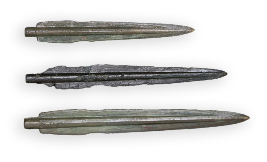 Three Korean-type bronze daggers, Early Iron Age, length of daggers from top to bottom: 25 cm, 28.5 cm, 33.5 cm, Daegok-ri, Hwasoon, South Jeolla Province, National Treasure 143 (The National Museum of Korea)