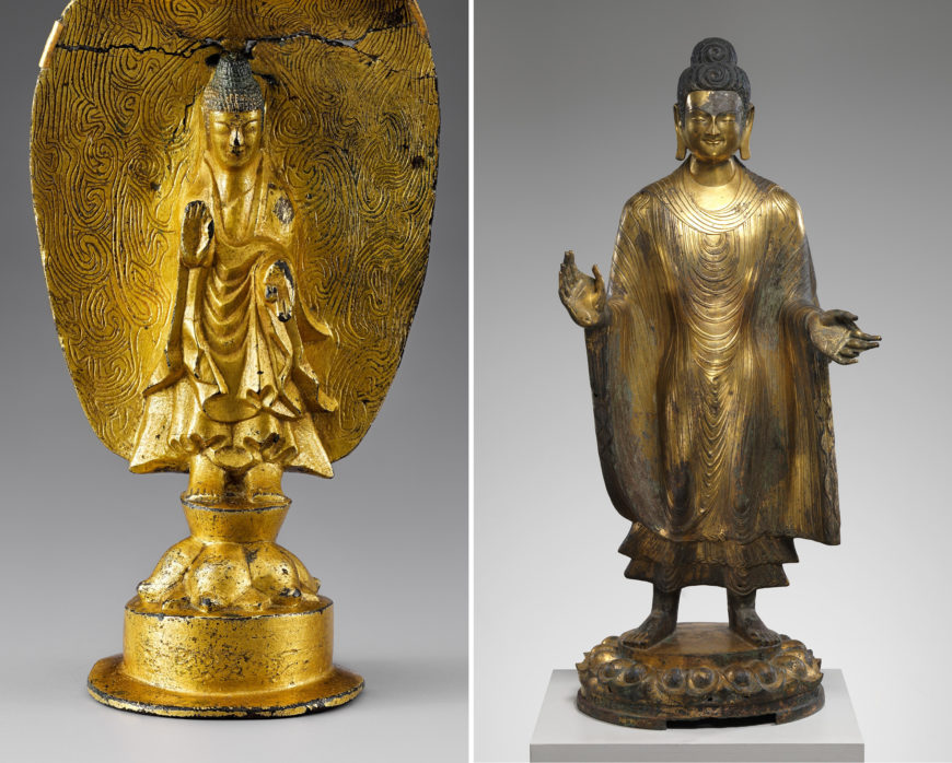 Left: Gilt-bronze Buddha with inscription: “seventh year of yeonga,” 539 (Goguryeo Kingdom), 16.2 cm high, National Treasure 119 (National Museum of Korea); right: Buddha Maitreya (Mile), 486 (Northern Wei dynasty), gilt bronze with traces of pigment, China, 140.3 x 62.2 x 48.9 cm (The Metropolitan Museum of Art)