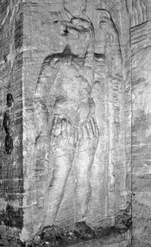 Anthropomorphic Anubis, burial chamber of the main tomb, Kom el-Shoqafa, Alexandria, Egypt (photo: Marjorie Susan Venit)