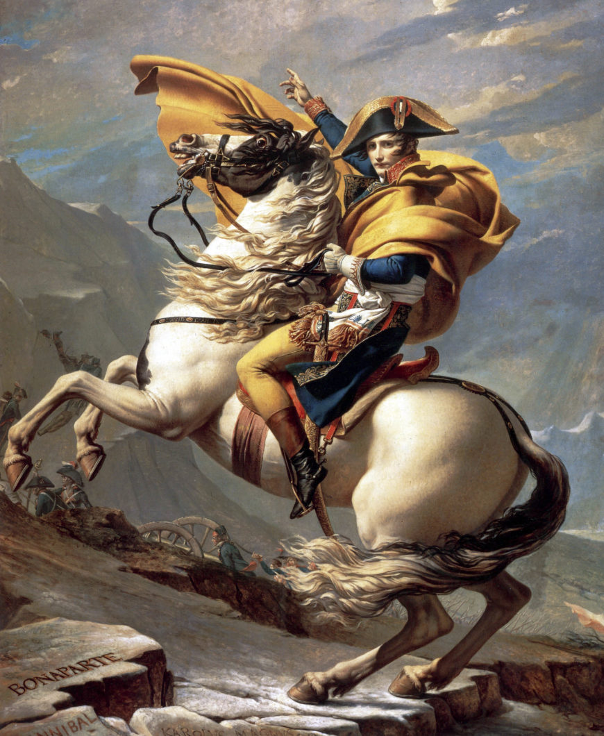 Jacques-Louis David, Napoleon Crossing the Alps or Bonaparte at the Saint Bernard Pass, 1800–1801, oil on canvas, 261 x 221 cm (Chateau de Malmaison, Rueil-Malmaison)