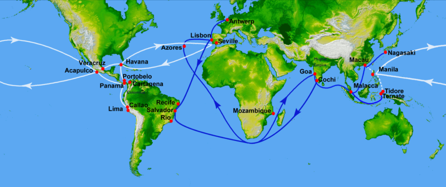 Map with global trade routes, c. 1600