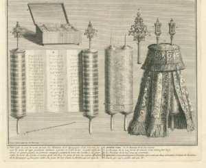 From left: Open Torah scroll with finials, Torah scroll with binder, Torah finial, Toral scroll with mantle, Bernard Picart, 1725, Cérémonies et costumes religieuses de toys les peuples du monde, engraving (College of Charleston Libraries) 