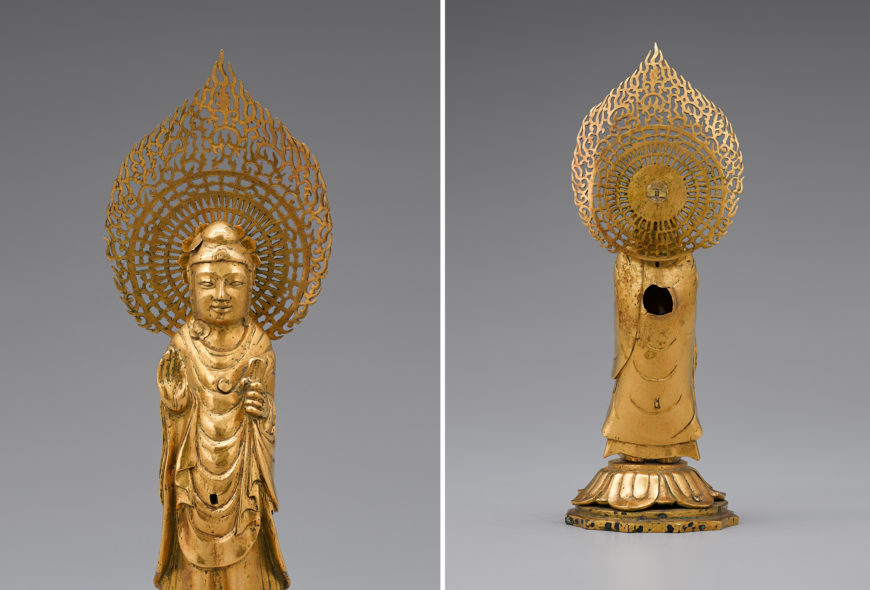 Front and back details of gold Buddha from stone pagoda in Guhwang-dong, Gyeongju, c. 692 (Unified Silla Kingdom), 14 cm high, National Treasure 80 (National Museum of Korea)