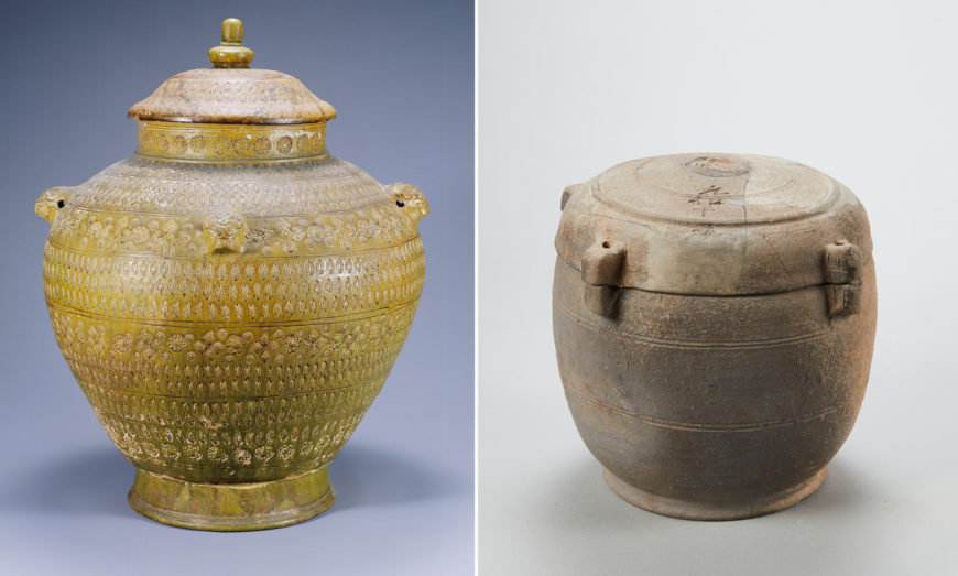 Left: green-glazed burial urn with stamped water drop and flower designs and a pagoda-shaped knob, 9th century (Unified Silla), 39 x 19 x 20.7 cm, from Namsan Mountain, Gyeongju (National Museum of Korea); right: funerary vessel with eyelets, 815 (Unified Silla), 21.3 x 19.3 cm (Gyeongju National Museum)