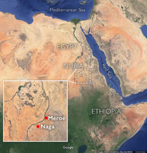 Map showing Naga and Meroë in ancient Nubia (underlying map © Google)