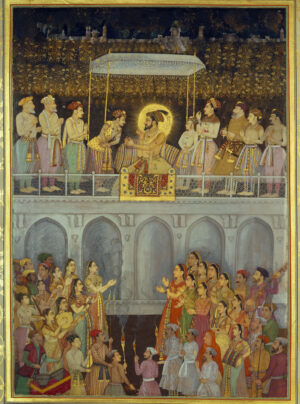 Attributed to Bhola, Shah Jahan Honoring Prince Aurangzeb at his Wedding, c. 1640–50, opaque watercolor including metallic paints, 33.7 x 23.5 cm (Royal Collection Trust, London)