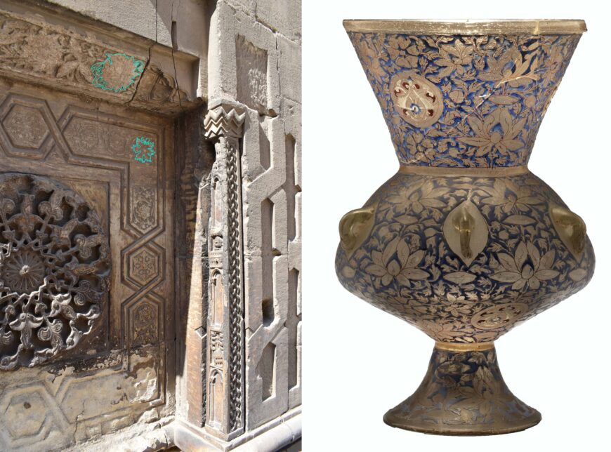 Left: lotus flower carvings, portal, sultan Hassan mosque, 1356–63, Egypt (photo: Hatem Moushir, CC BY-SA 4.0); right: glass lamp for mosque of sultan Hassan, Egypt, 1354–61, enameled and gilt glass, 38.5 cm high (© Trustees of the British Museum)