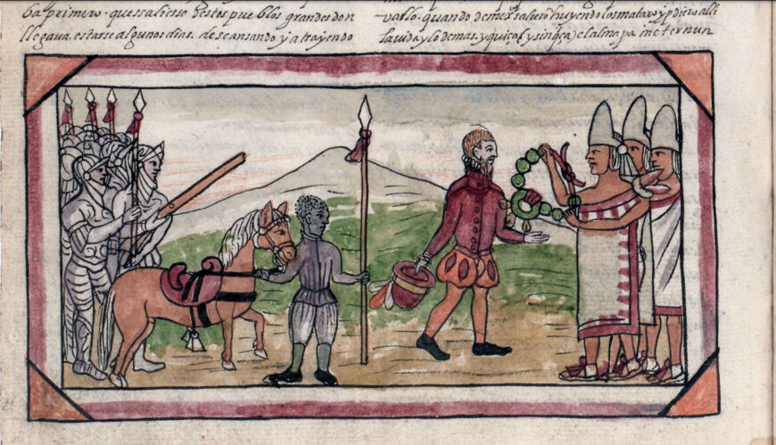 Encounter of Cortés and Moctezuma (detail), Diego Durán, Historia de las Indias de Nueva España e islas de la tierra firme (manuscript), 1579, 28 x 19 cm, p. 214 (Biblioteca Nacional de España, Madrid)