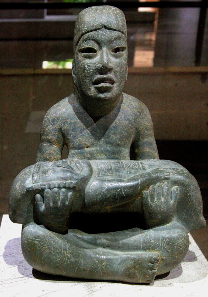 Señor de Las Limas, c. 1200–400 B.C.E. (Olmec, Las Limas, Jesús Carranza, Veracruz), serpentine and pyrite, 23 x 43.5 x 55 cm (Museo de Antropología de Xalapa; photo: Jill Mollenhauer)