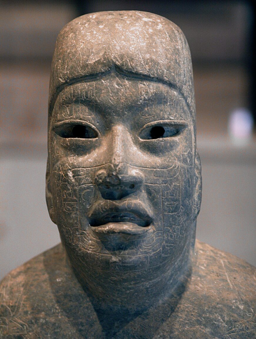 Head (detail), Señor de Las Limas, c. 1200–400 B.C.E. (Olmec, Las Limas, Jesús Carranza, Veracruz), serpentine and pyrite, 23 x 43.5 x 55 cm (Museo de Antropología de Xalapa; photo: Jill Mollenhauer)