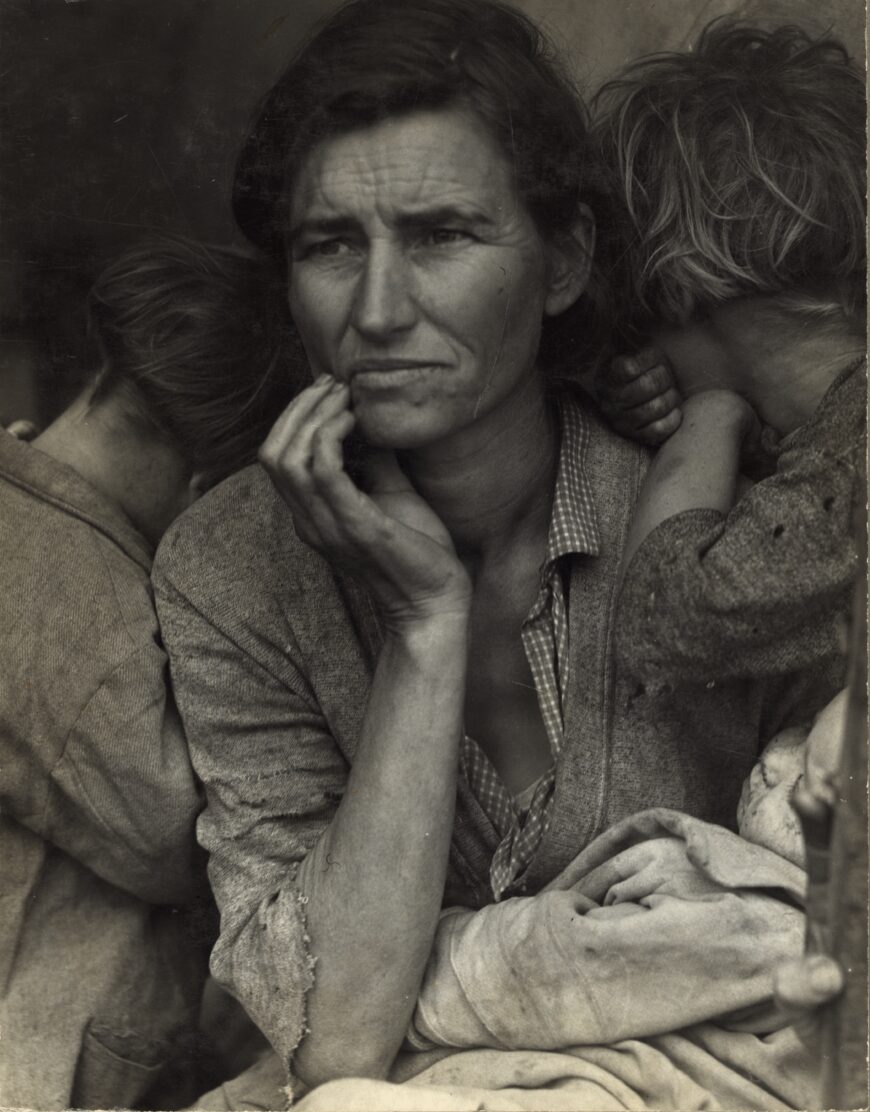 Dorothea Lange, Migrant Mother, digital file of black-and-white film copy negative of unretouched file print showing thumb holding a tent pole in the lower right corner (Library of Congress, Washington, D.C.)