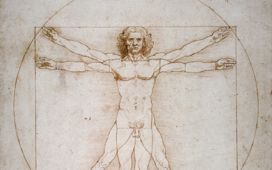 Leonardo da Vinci, “Vitruvian Man,” c. 1490, pen and watercolor over metalpoint on paper, 34.4 x 24.5 cm (Gallerie dell'Accademia, Venice)