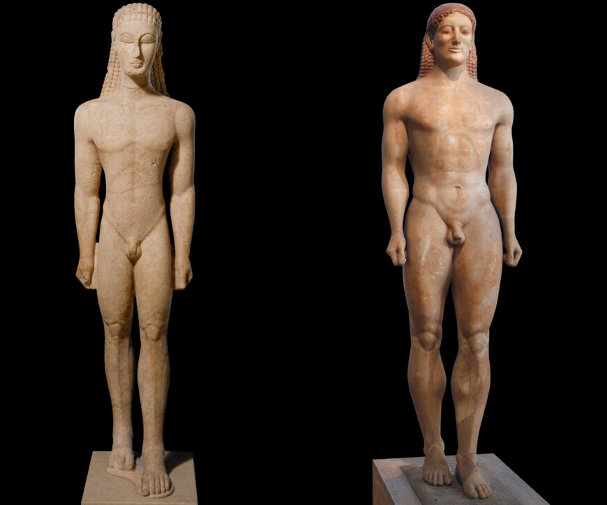 Left: statue of a kouros (New York Kouros), c. 600–580 B.C.E., marble, 6 feet 4 inches high (The Metropolitan Museum of Art, New York); right: Anavysos Kouros, c. 530 B.C.E., marble, 6 feet 4 inches high (National Archaeological Museum, Athens; photo: Steven Zucker, CC BY-NC-SA 2.0)