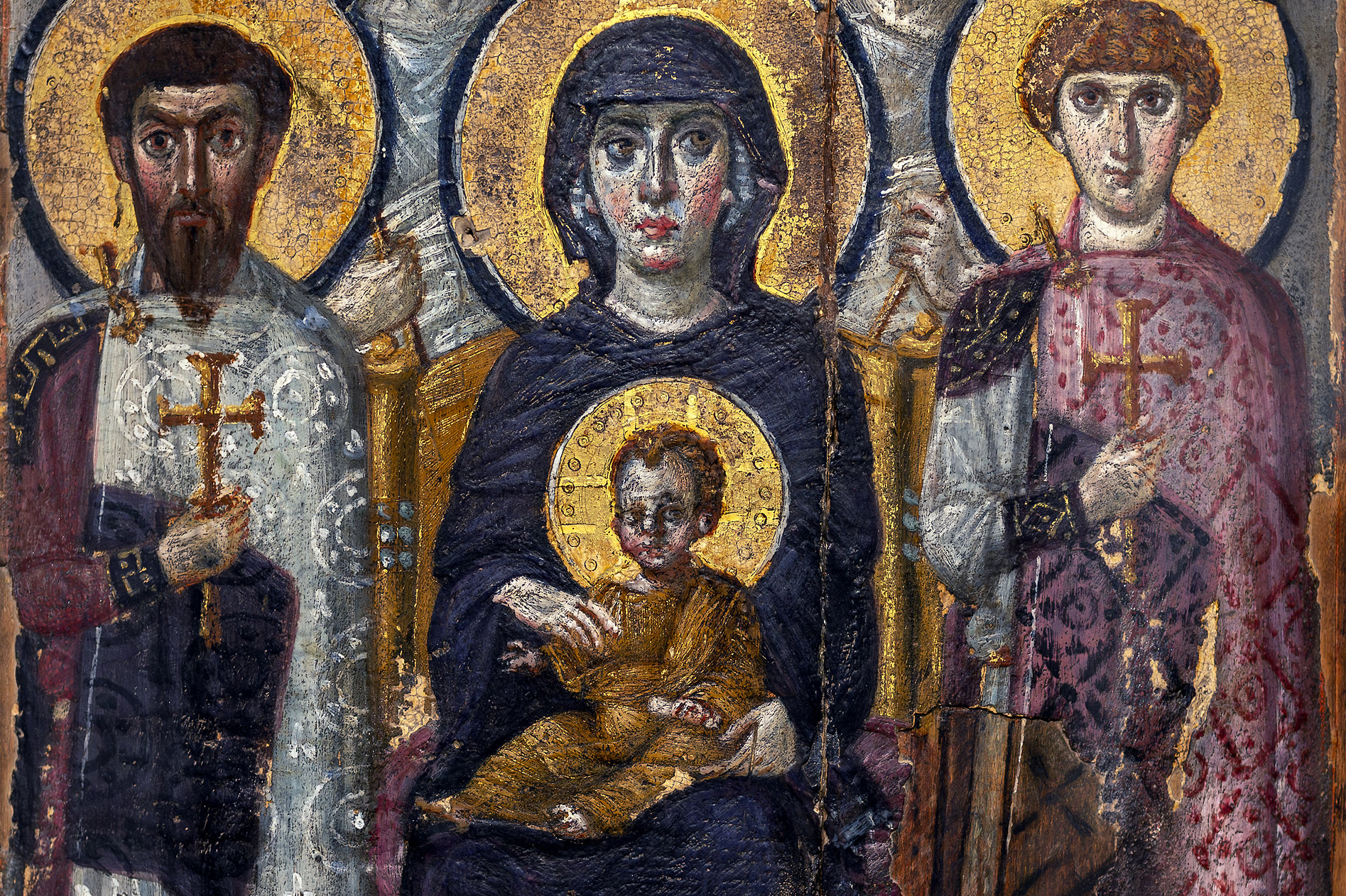 <em>Icon with Virgin (Theotokos) and Child between Saints Theodore and George</em>