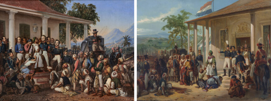 Left: central composition (detail), Raden Saleh, Penangkapan Pangeran Diponegoro (The Arrest of Prince Diponegoro), 1857, oil on canvas, 112 x 179 cm (Yogyakarta Presidential Palace Museum); right: Nicolaas Pieneman, De onderwerping van Diepo Negoro aan luitenant-generaal baron de Kock (The Submission of the Rebel Leader Diepo Negoro to Lieutenant General Baron De Kock), c. 1830–35, oil on canvas, 77 x 100 cm (Rijksmuseum, Amsterdam)