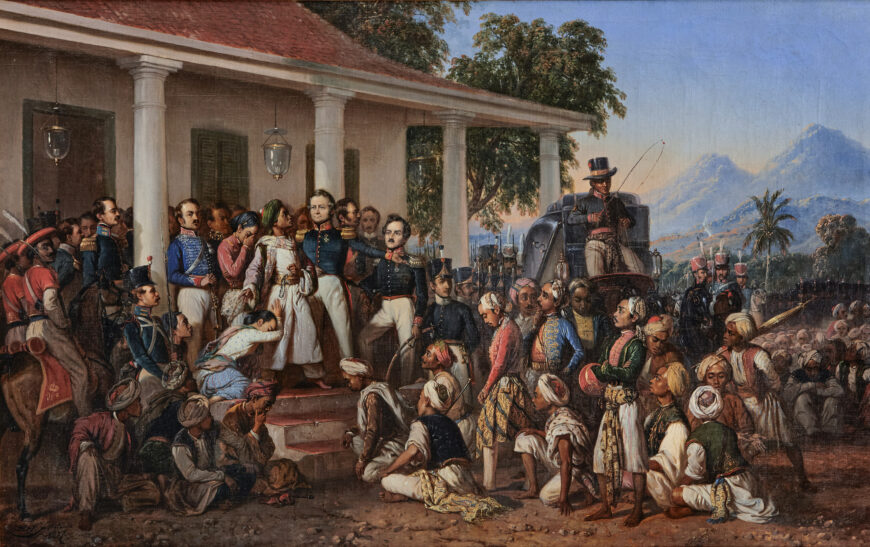 Raden Saleh Syarif Bustaman, Penangkapan Pangeran Diponegoro (The Arrest of Prince Diponegoro), 1857, oil on canvas, 112 x 179 cm (Yogyakarta Presidential Palace Museum)